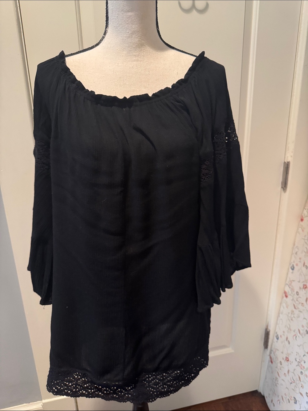 Women’s Black Peasant Blouse with Crochet Hem
